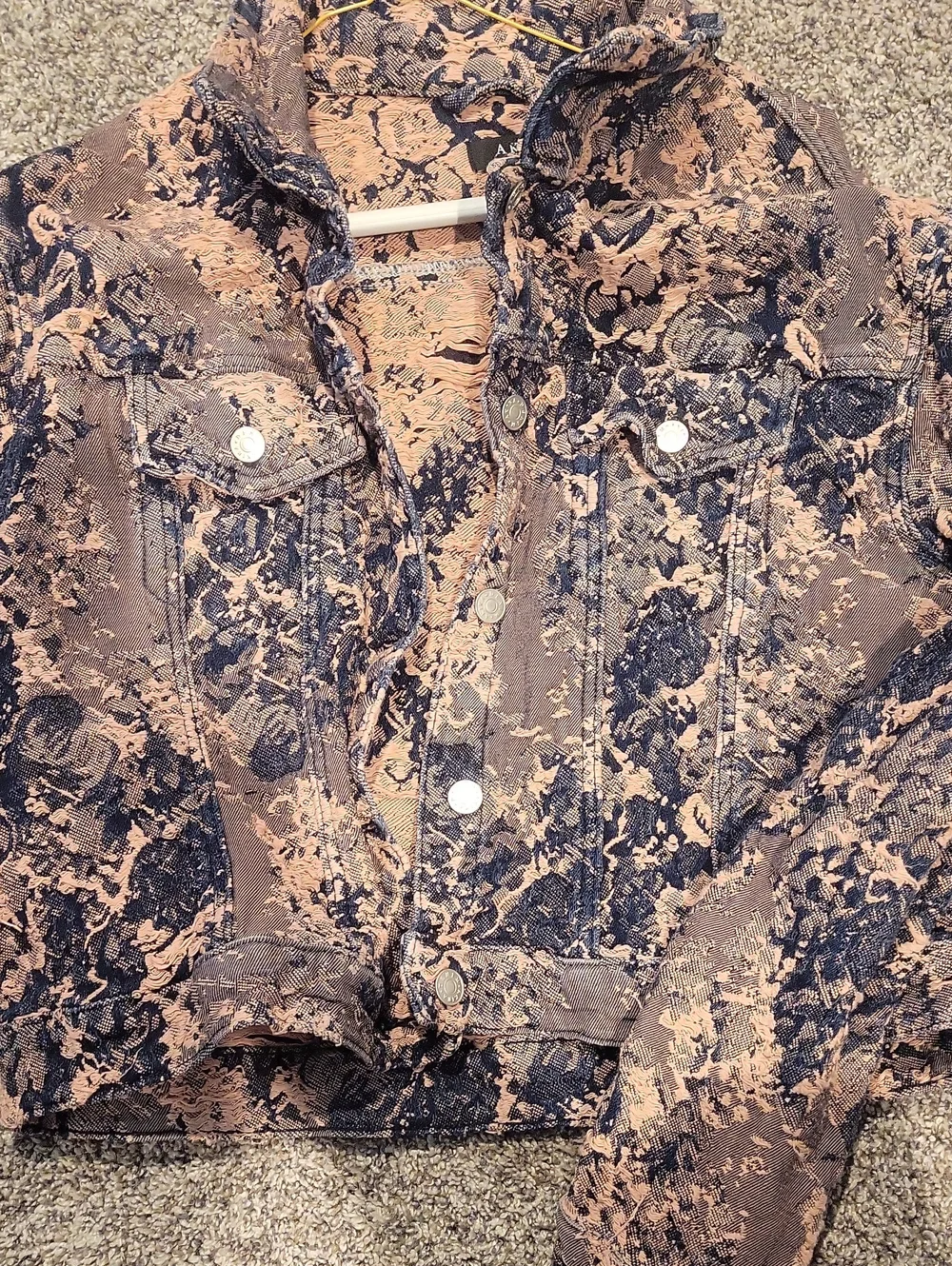 Womens Pink And Blue Patterned Button-Up Jean Jacket